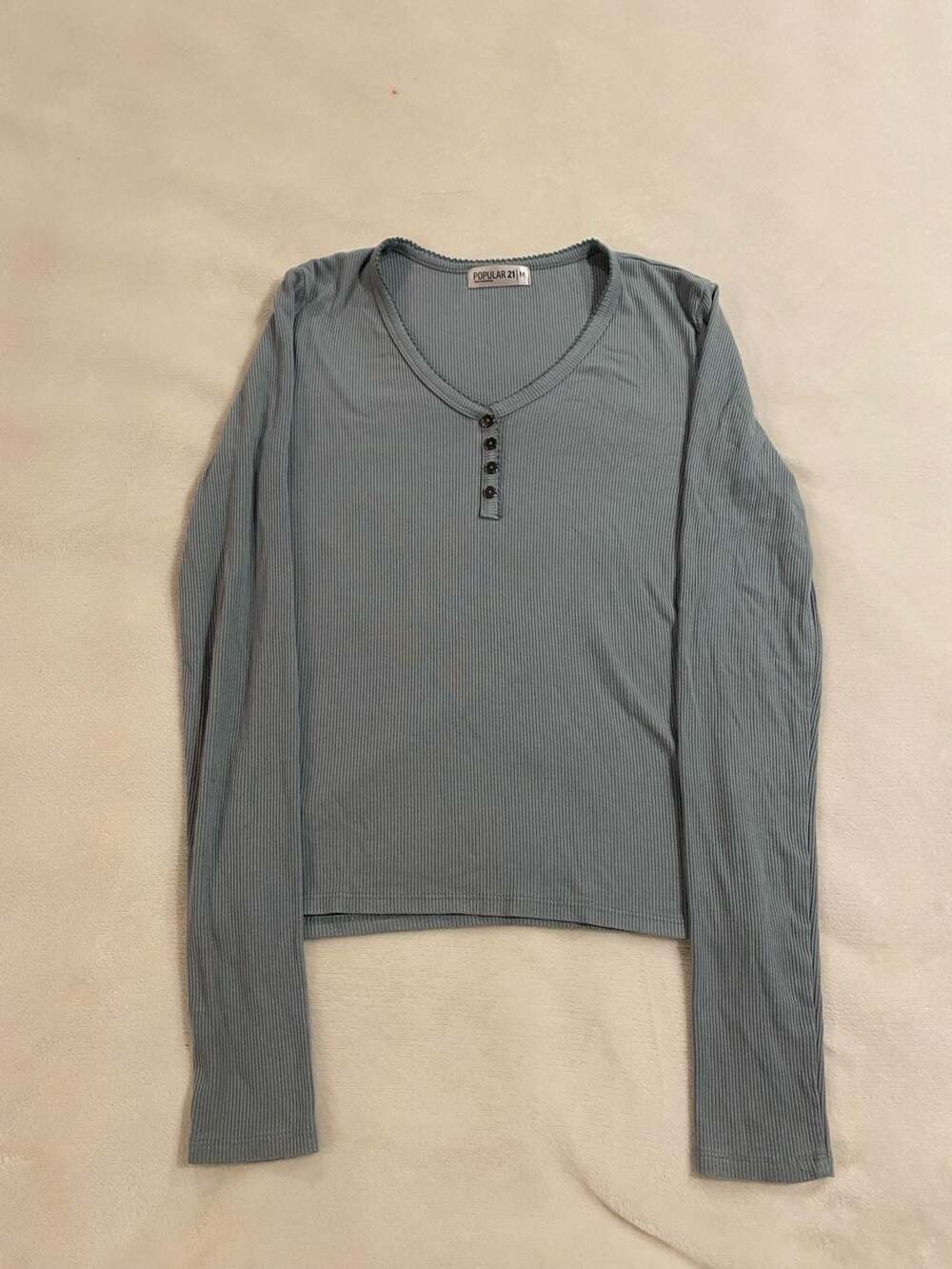 Popular 21 Women's Blue Ribbed Long Sleeve Henley Top Size M